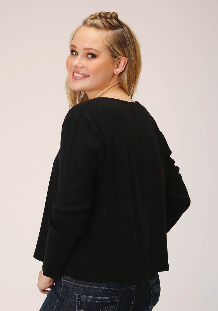 WOMENS LONG SLEEVE KNIT JET BLACK WAFFLE SLUB TOP