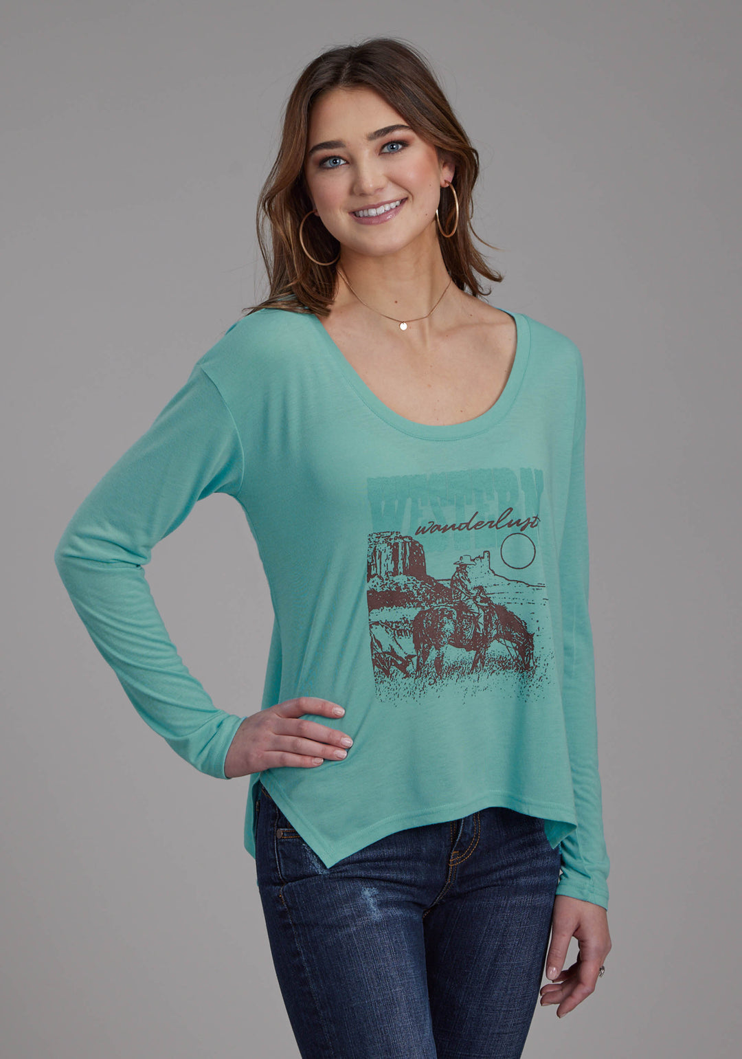 WOMENS POLY RAYON LONG SLEEVE JERSEY TEE LONG SLEEVE PULLOVER WESTERN SHIRT