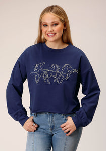 WOMENS LONG SLEEVE KNIT NAVY BLUE FRENCH TERRY TOP