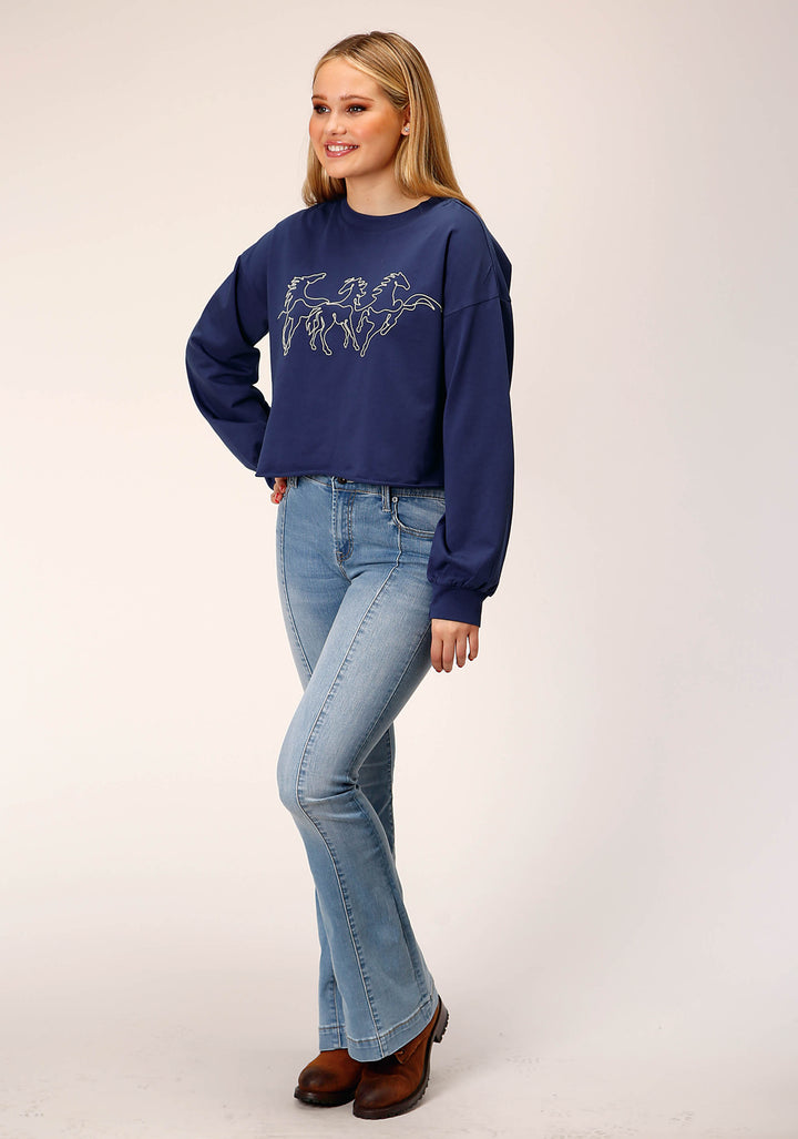 WOMENS LONG SLEEVE KNIT NAVY BLUE FRENCH TERRY TOP