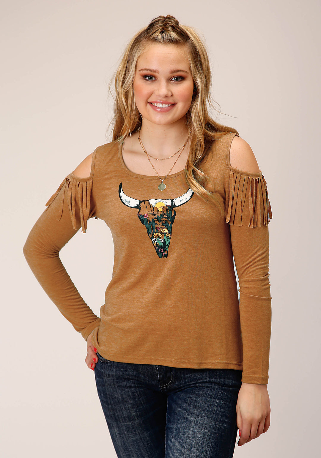 WOMENS LONG SLEEVE KNIT TABACCO BROWN POLY RAYON JERSEY TOP