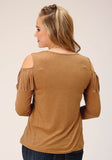 WOMENS LONG SLEEVE KNIT TABACCO BROWN POLY RAYON JERSEY TOP