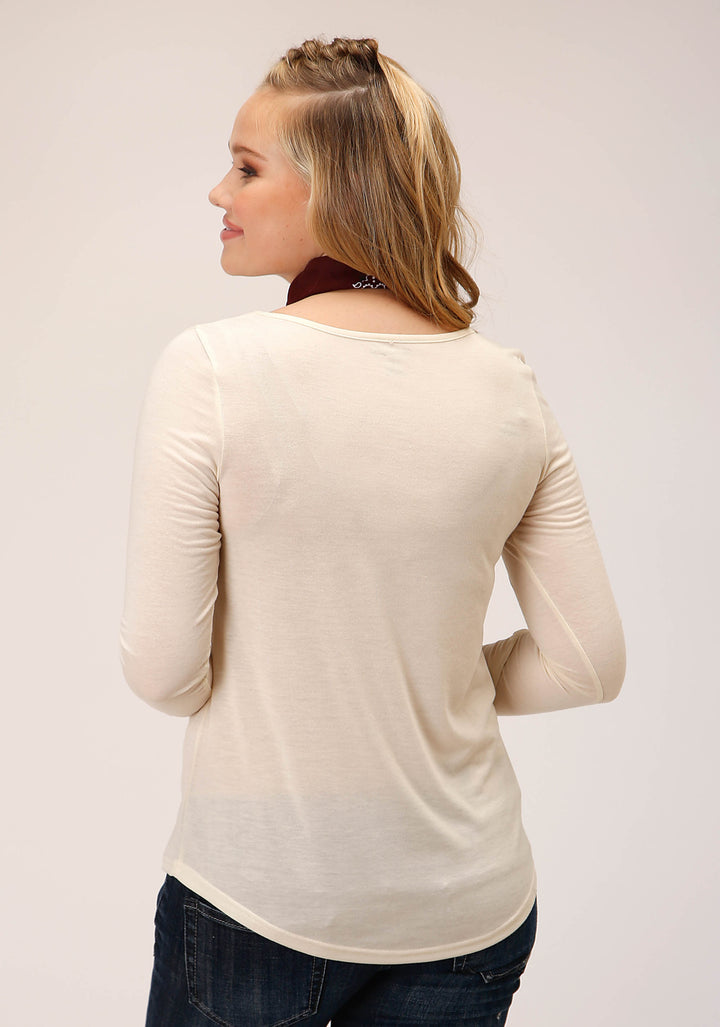 WOMENS LONG SLEEVE KNIT CREAM POLY RAYON JERSEY TOP