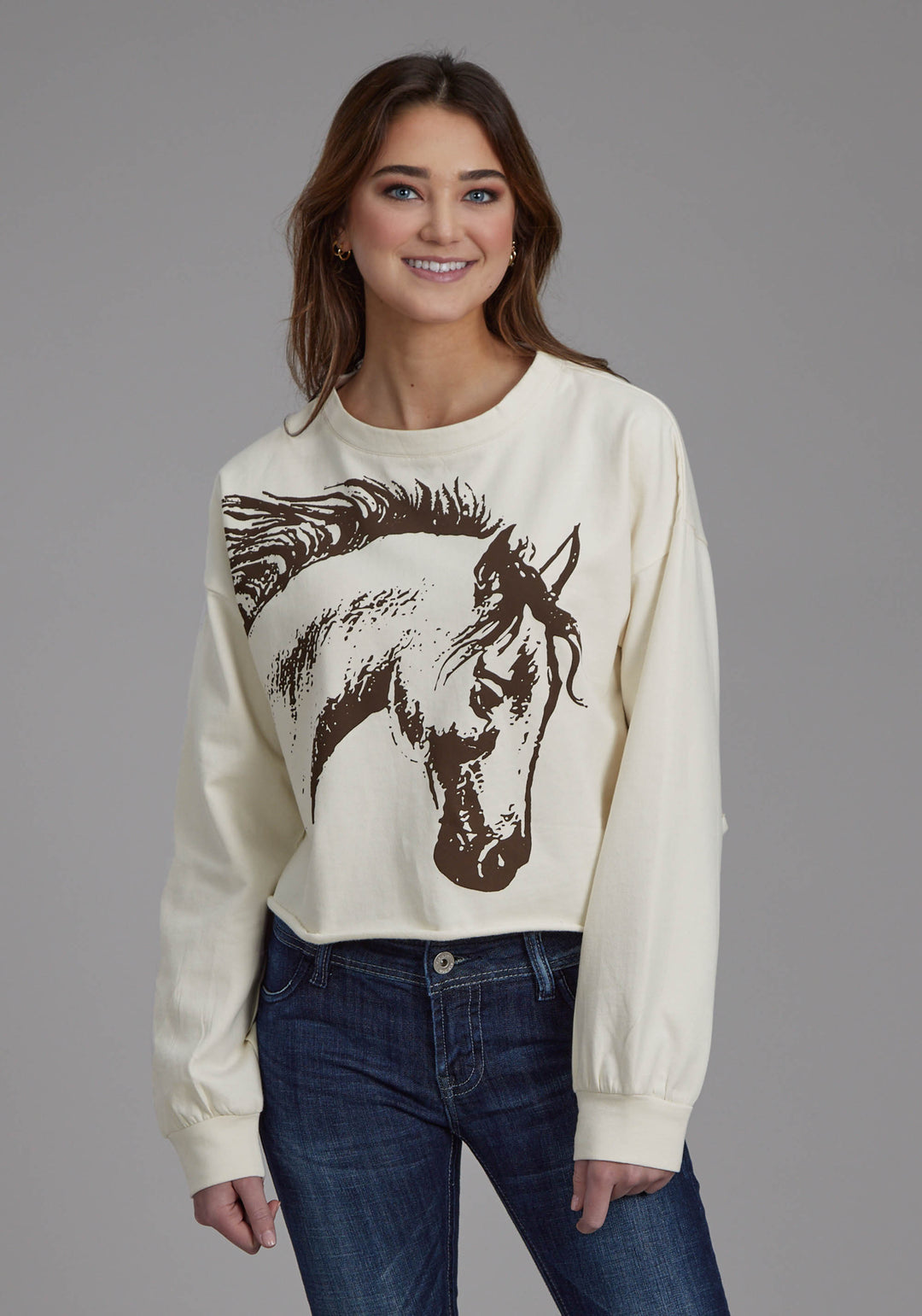 WOMENS COTTON FLEECE CREW NECK PULLOVER LONG SLEEVE PULLOVER WESTERN SHIRT