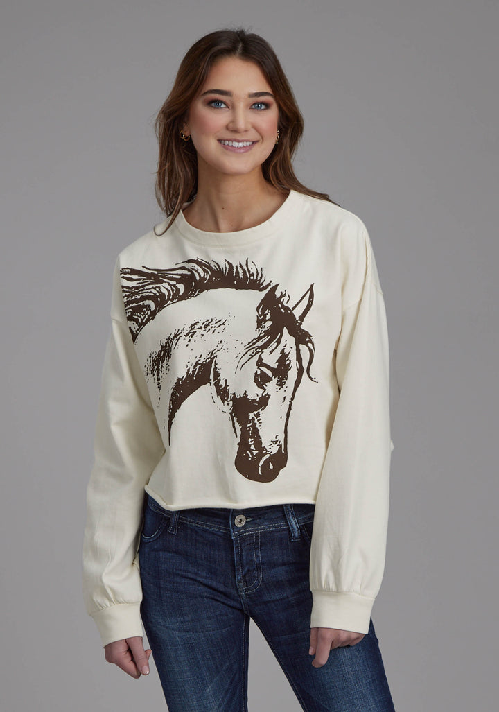 WOMENS COTTON FLEECE CREW NECK PULLOVER LONG SLEEVE PULLOVER WESTERN SHIRT