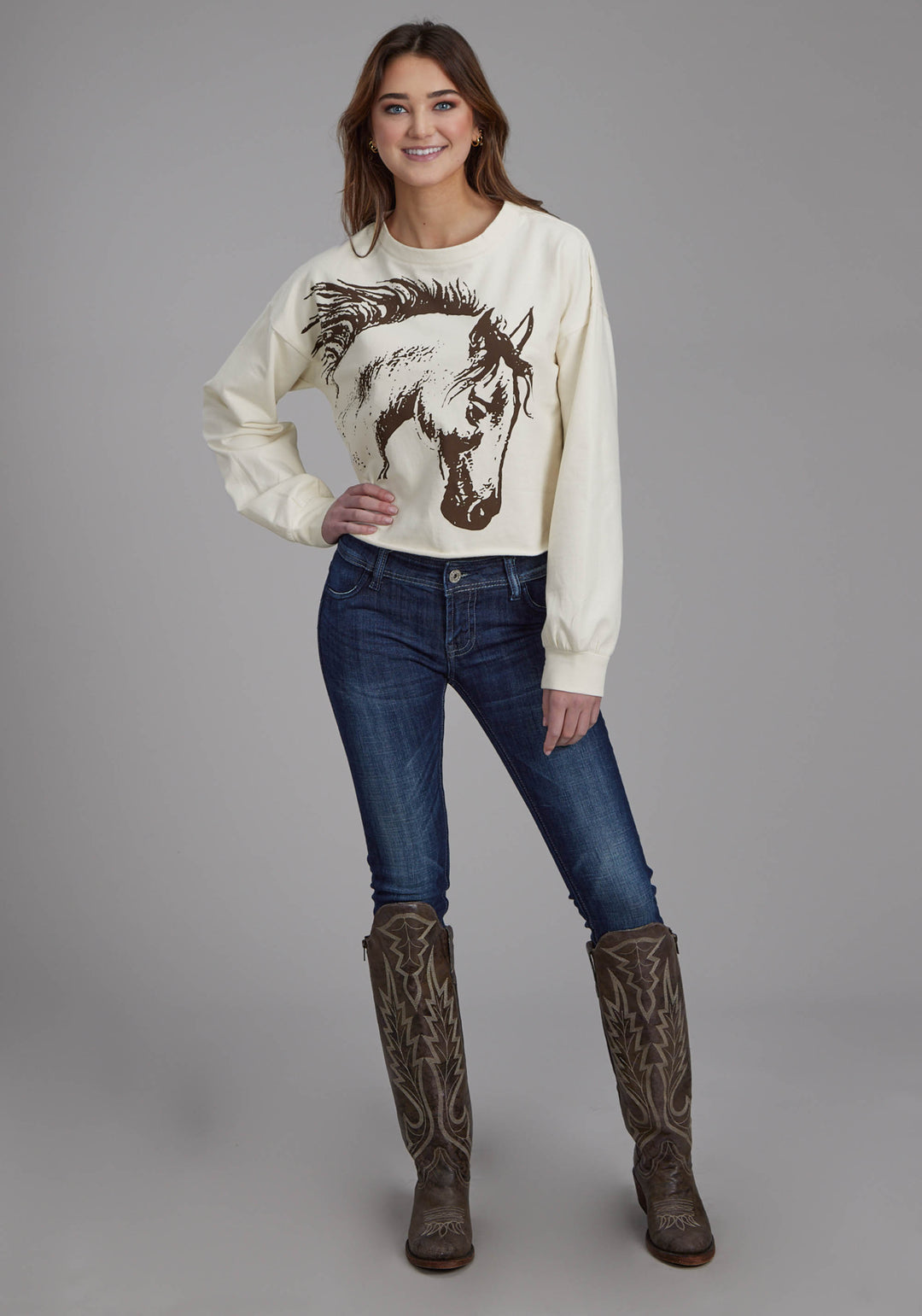 WOMENS COTTON FLEECE CREW NECK PULLOVER LONG SLEEVE PULLOVER WESTERN SHIRT