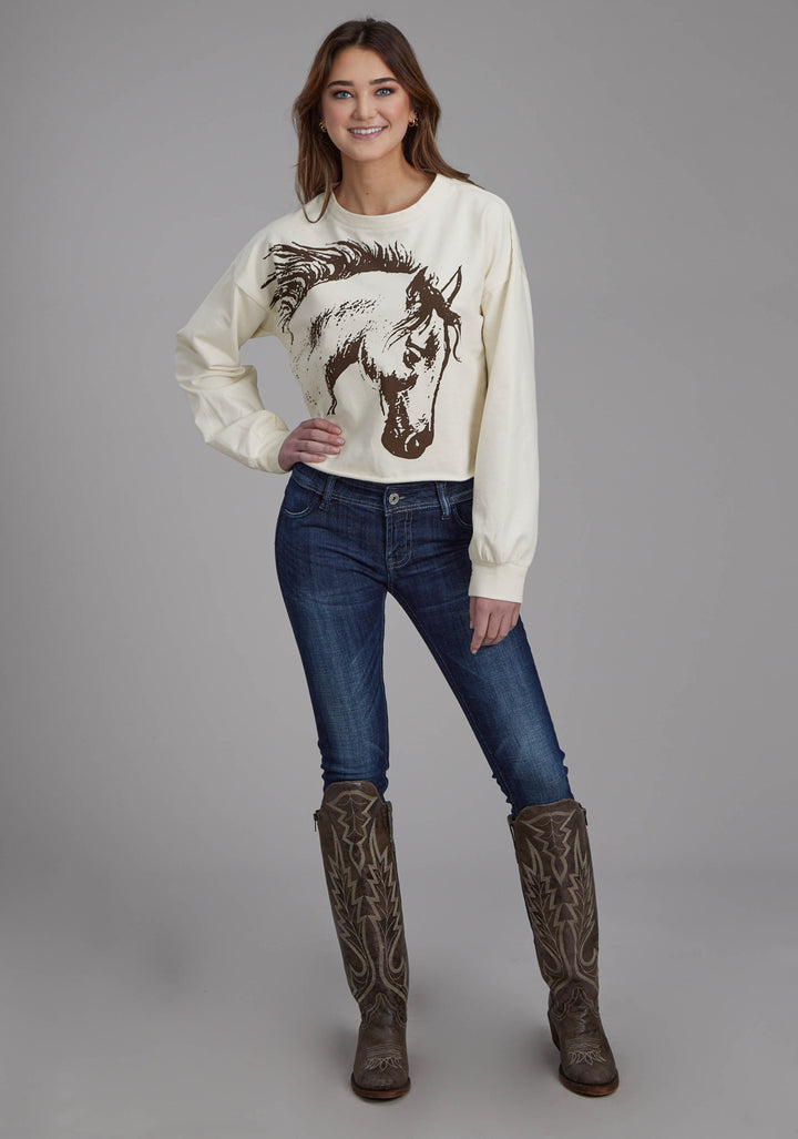 WOMENS COTTON FLEECE CREW NECK PULLOVER LONG SLEEVE PULLOVER WESTERN SHIRT