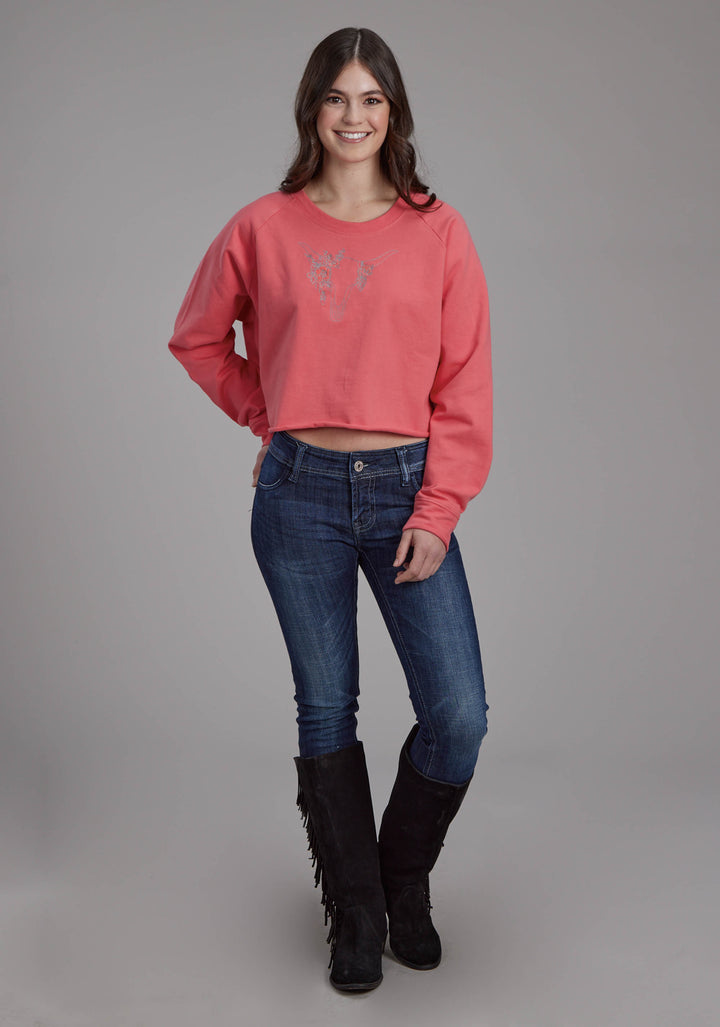 WOMENS BRIGHT CORRAL PINK LONG SLEEVE PULLOVER WESTERN SHIRT