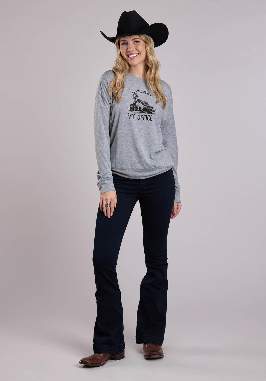 WOMENS LONG SLEEVE PULLOVER POLY RAYON JERSEY HEATHER  GRAY WESTERN SHIRT