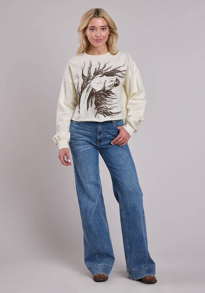 WOMENS LONG SLEEVE PULLOVER COTTON FLEECE CREW NECK PULLOVERR WESTERN SHIRT