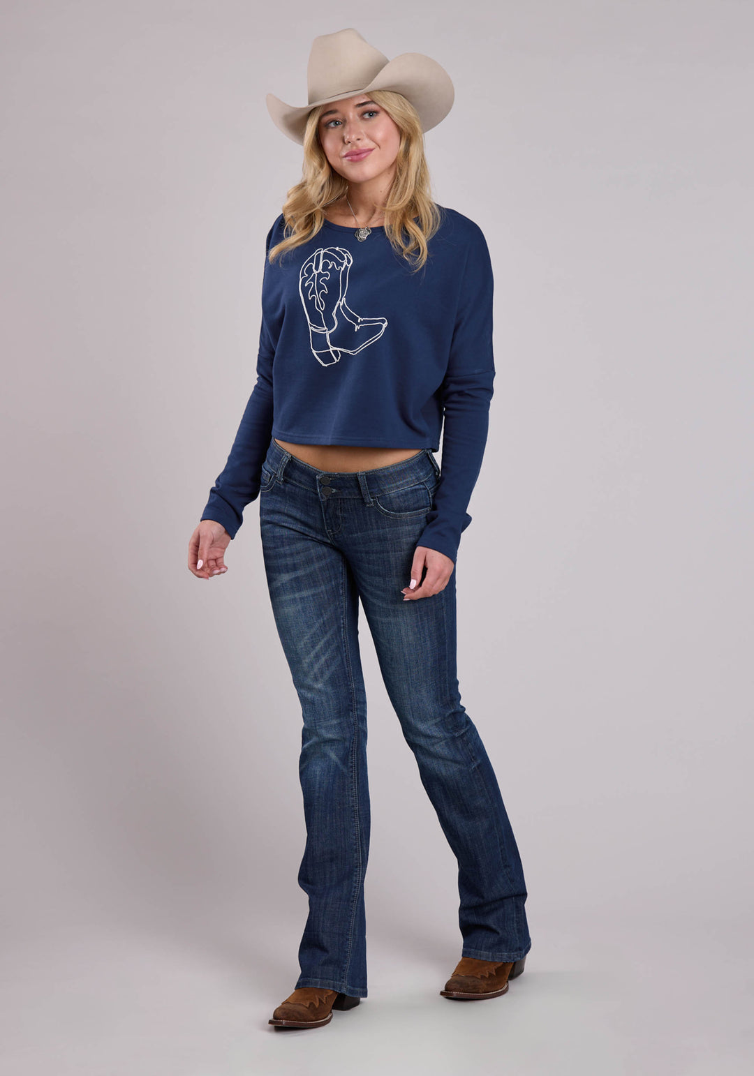 WOMENS LONG SLEEVE PULLOVER COTTON FLEECE WIDE NECK SWEATSHIRT WESTERN SHIRT