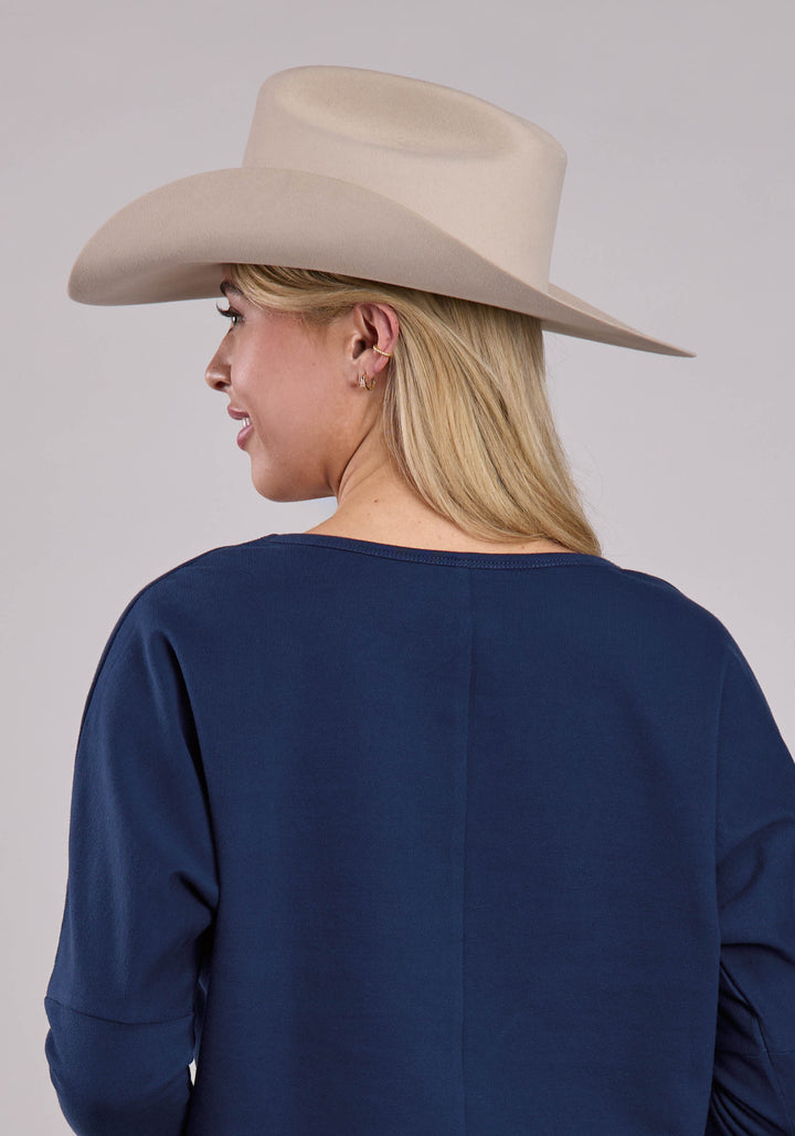 WOMENS LONG SLEEVE PULLOVER COTTON FLEECE WIDE NECK SWEATSHIRT WESTERN SHIRT