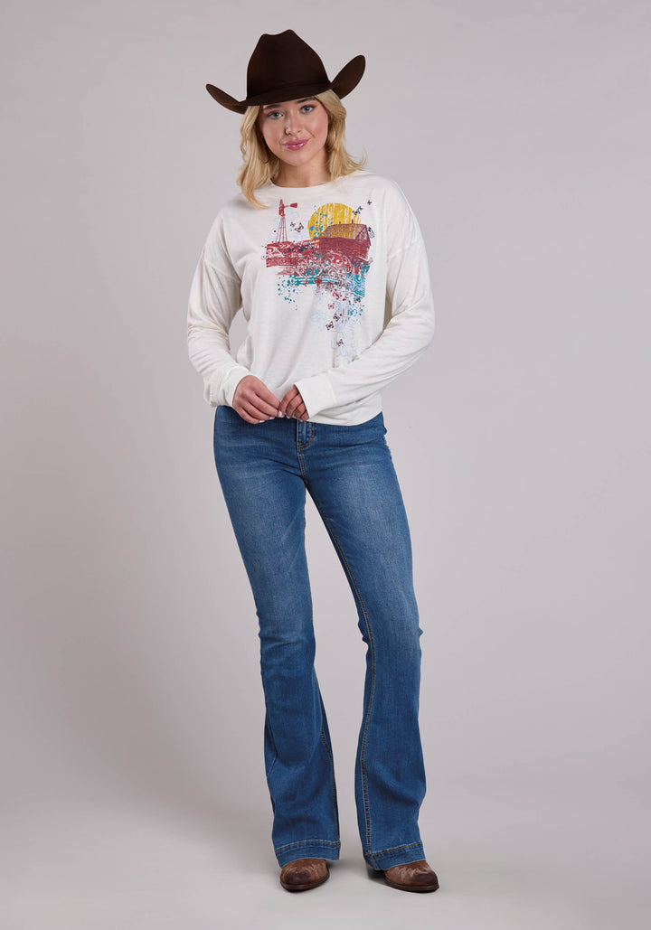 WOMENS LONG SLEEVE PULLOVER CREAM POLY RAYON BOX FIT TEE WESTERN SHIRT