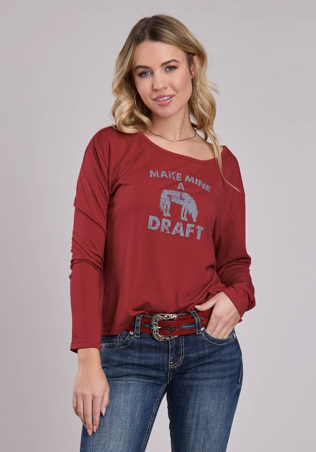 WOMENS ROPER DARK RED POLY RAYON WIDE SCOOP NECK LONG SLEEVE SHIRT