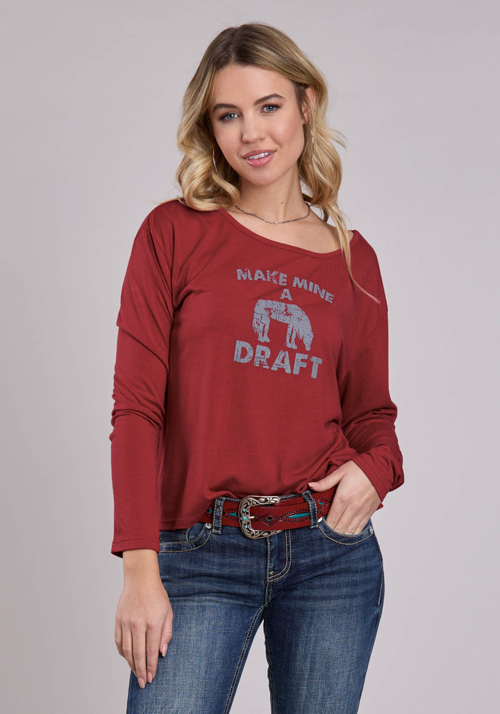 WOMENS ROPER DARK RED POLY RAYON WIDE SCOOP NECK LONG SLEEVE SHIRT