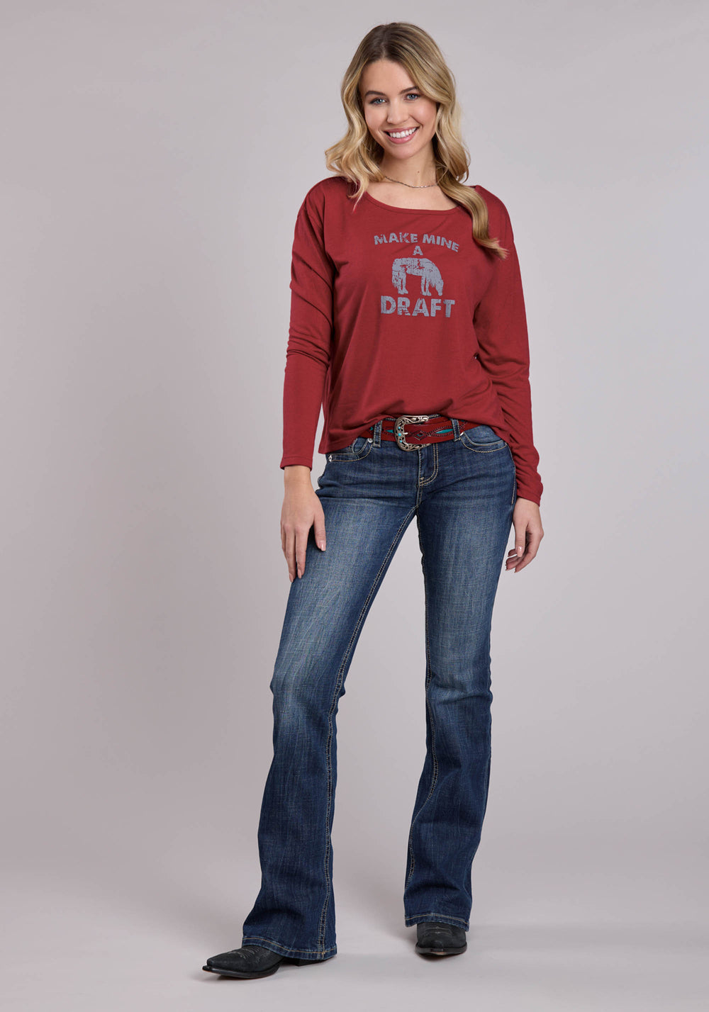 WOMENS ROPER DARK RED POLY RAYON WIDE SCOOP NECK LONG SLEEVE SHIRT