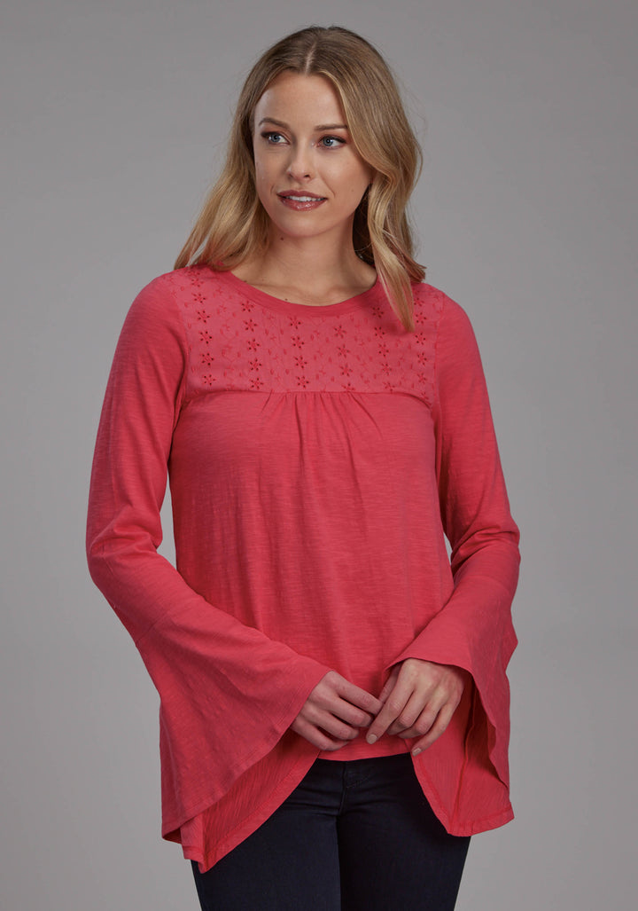 WOMENS RED SLUB KNIT JERSEY PEASANT TOP LONG SLEEVE PULLOVER WESTERN SHIRT