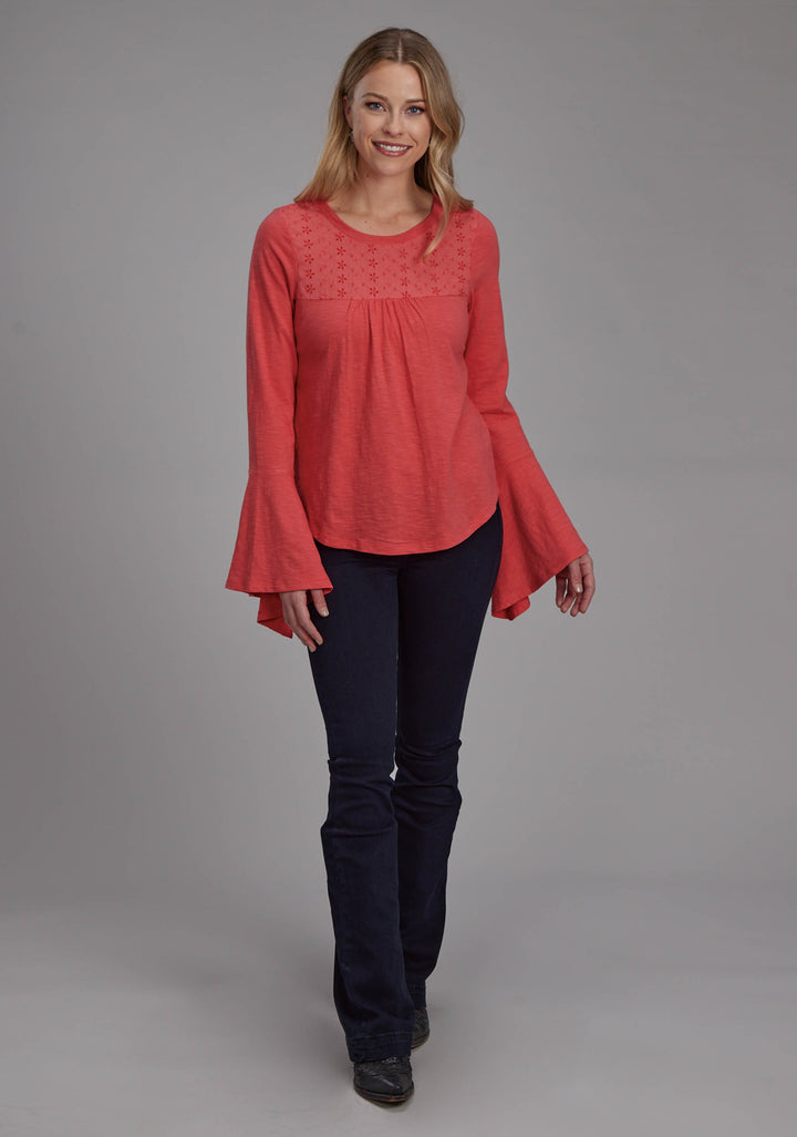 WOMENS RED SLUB KNIT JERSEY PEASANT TOP LONG SLEEVE PULLOVER WESTERN SHIRT
