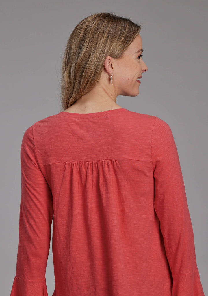 WOMENS RED SLUB KNIT JERSEY PEASANT TOP LONG SLEEVE PULLOVER WESTERN SHIRT