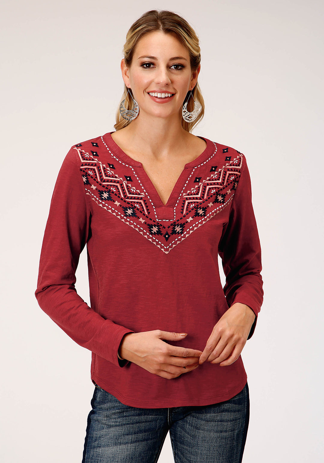 WOMENS LONG SLEEVE KNIT RUST SLUB JERSEY SHIRT TOP