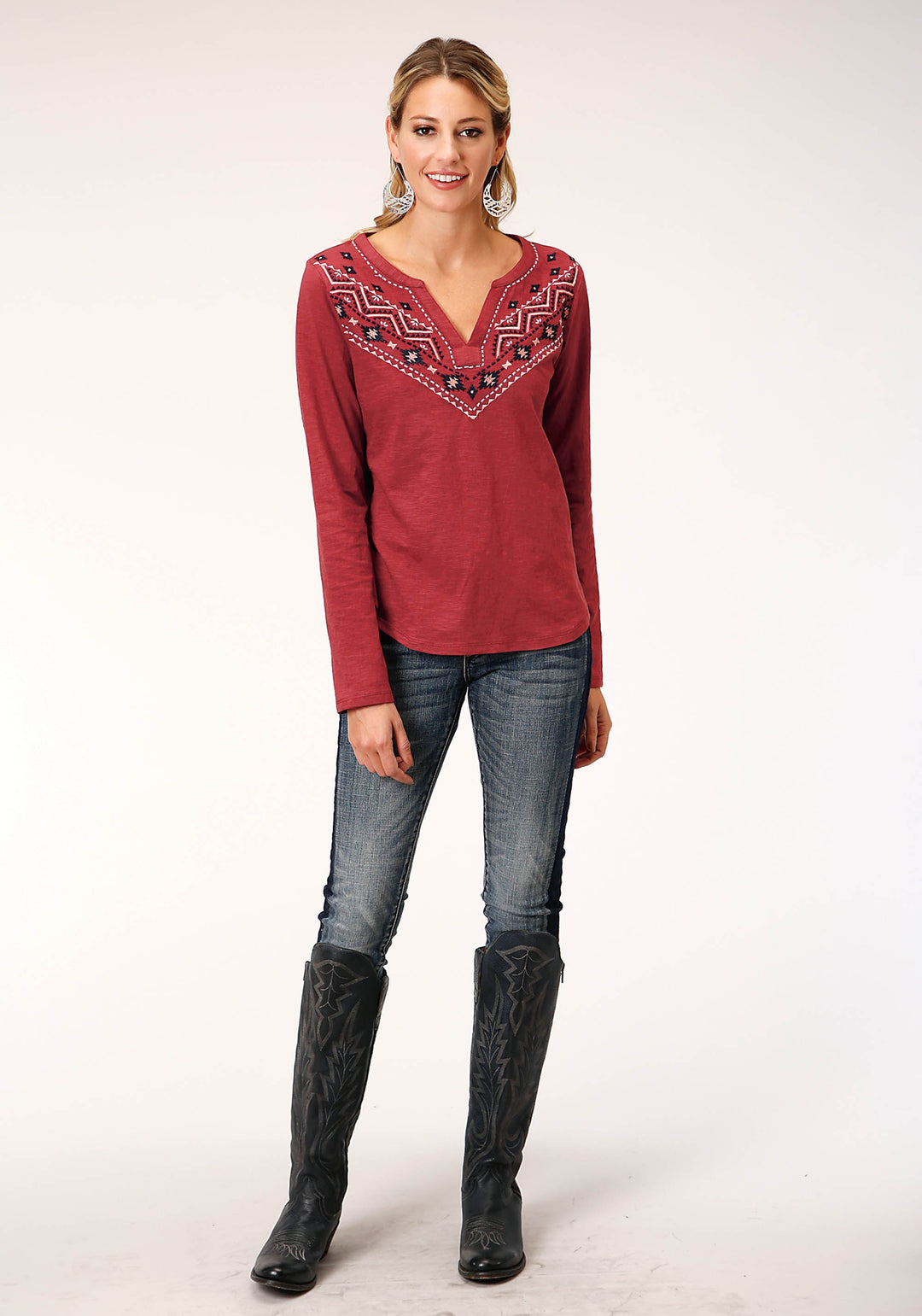 WOMENS LONG SLEEVE KNIT RUST SLUB JERSEY SHIRT TOP