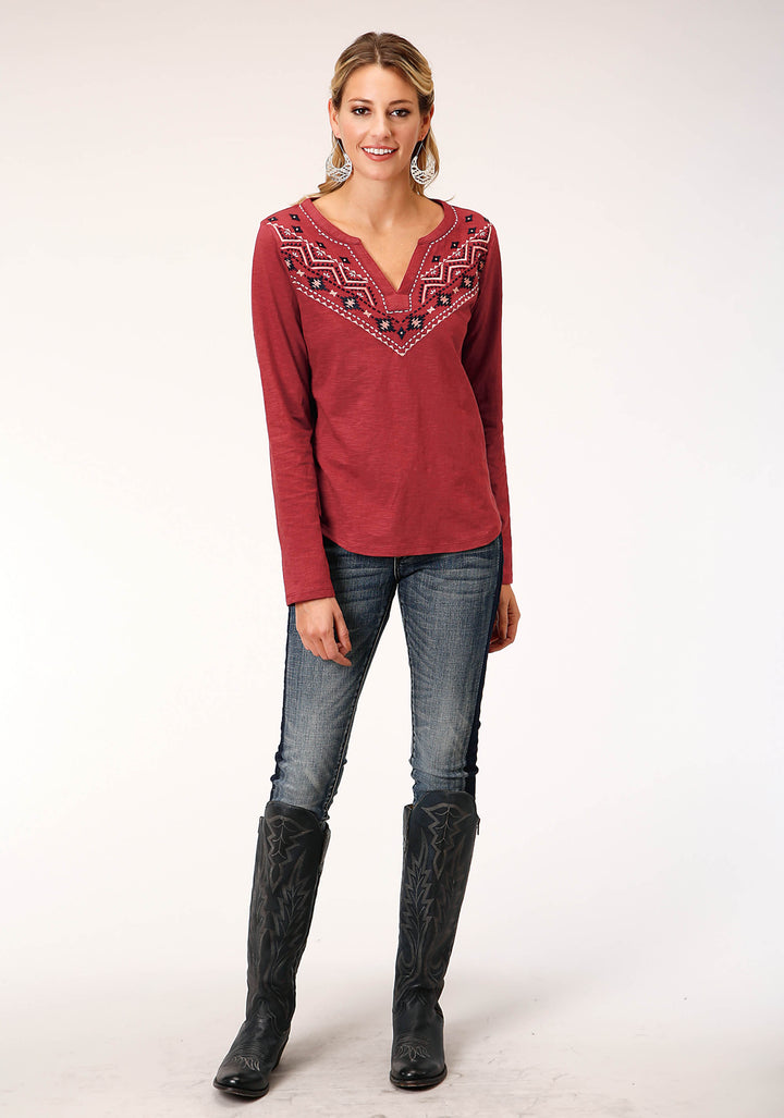 WOMENS LONG SLEEVE KNIT RUST SLUB JERSEY SHIRT TOP