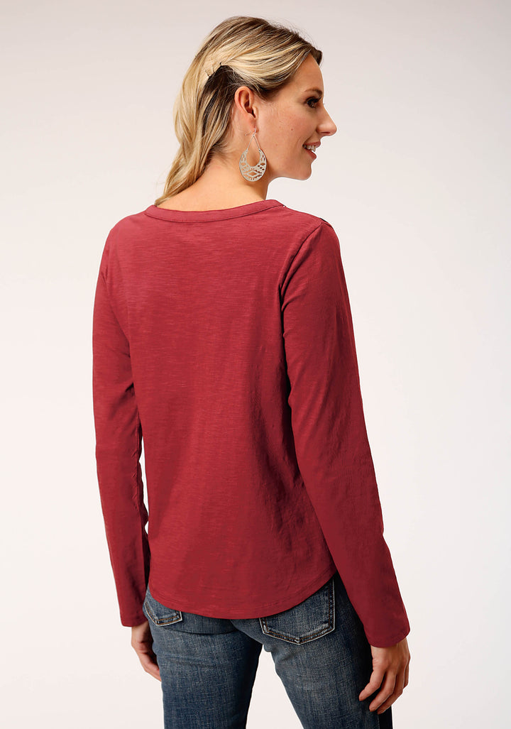 WOMENS LONG SLEEVE KNIT RUST SLUB JERSEY SHIRT TOP