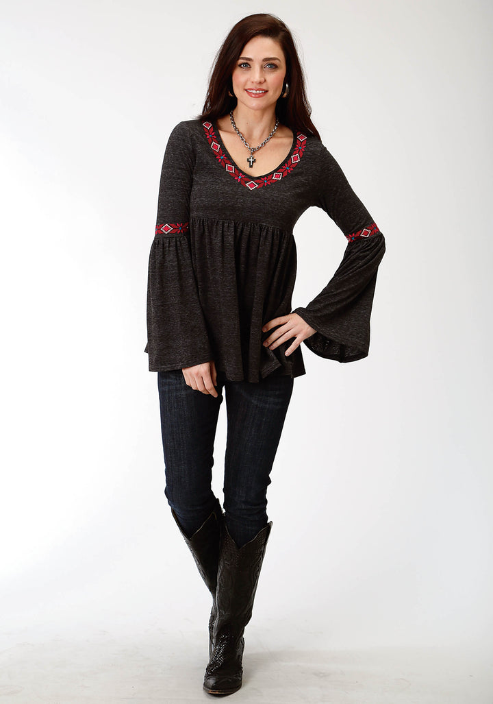 WOMENS GREY SOLID WITH EMBROIDERY LONG SLEEVE KNIT TOP