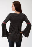 WOMENS GREY SOLID WITH EMBROIDERY LONG SLEEVE KNIT TOP