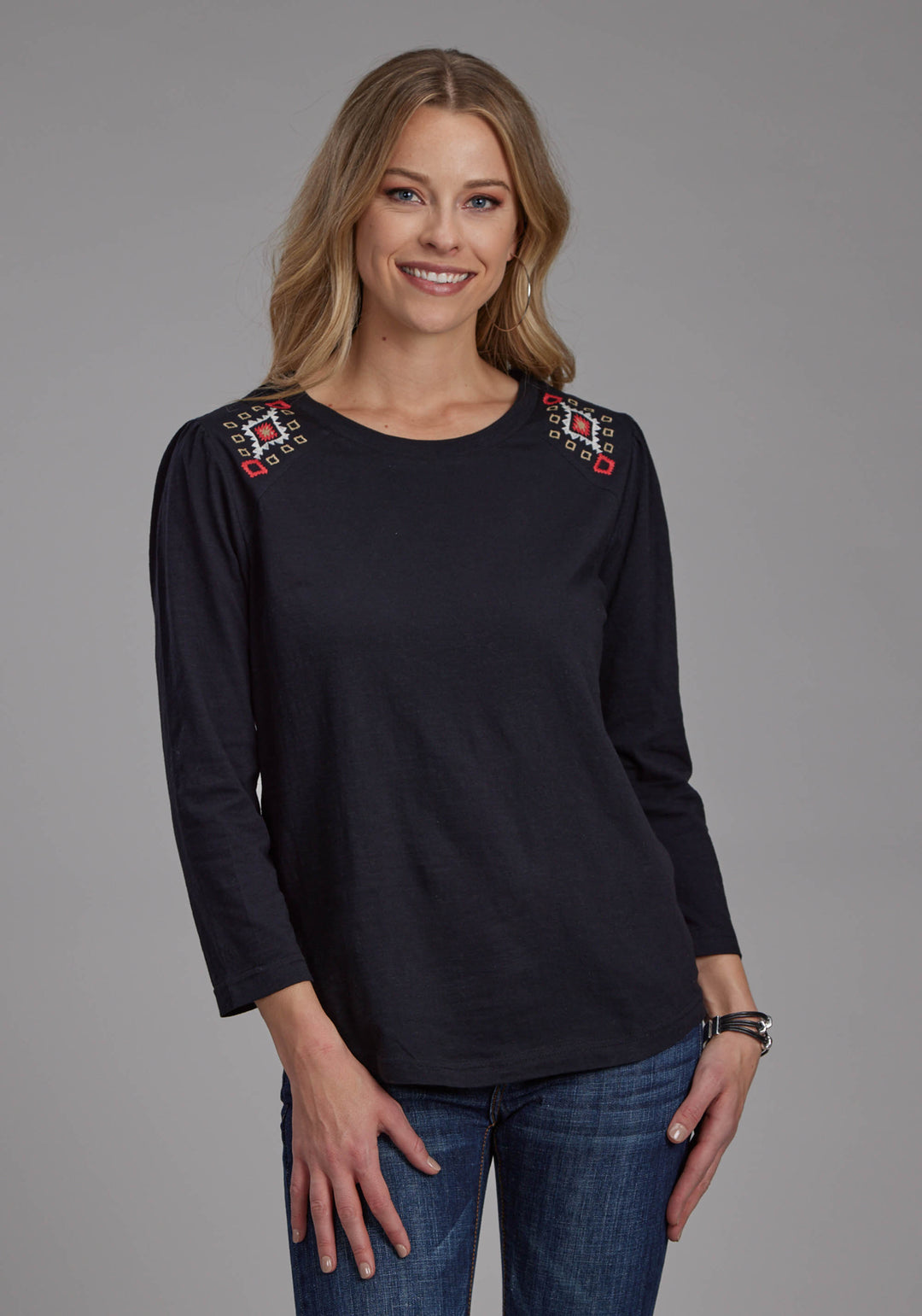 WOMENS SLUB JERSEY TOP WITH SCOOP NECK LONG SLEEVE PULLOVER WESTERN SHIRT