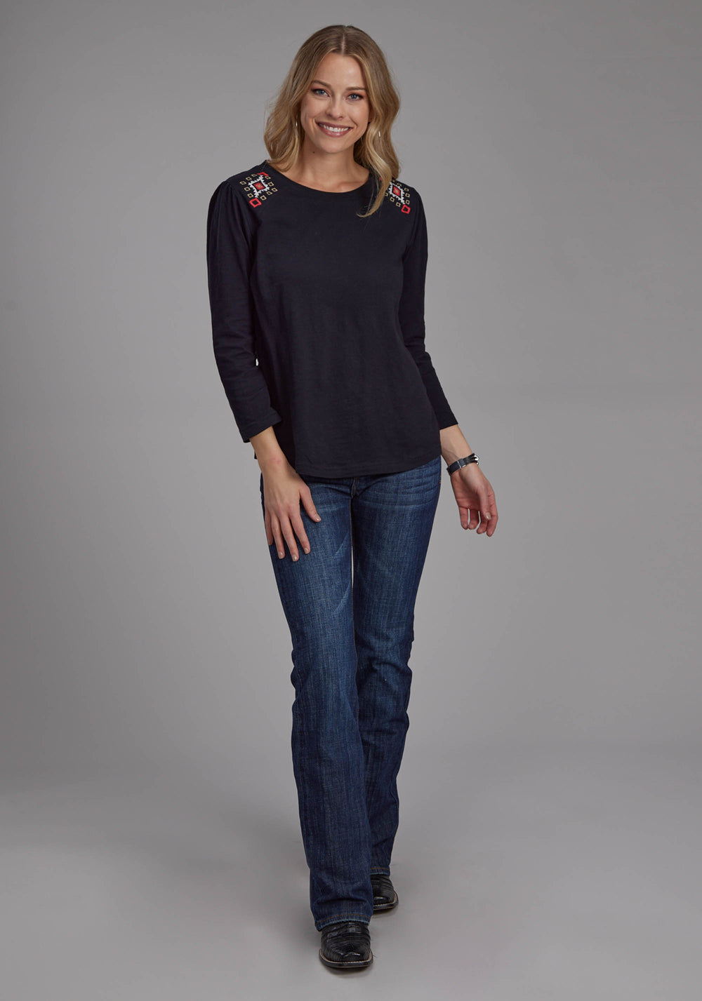 WOMENS SLUB JERSEY TOP WITH SCOOP NECK LONG SLEEVE PULLOVER WESTERN SHIRT