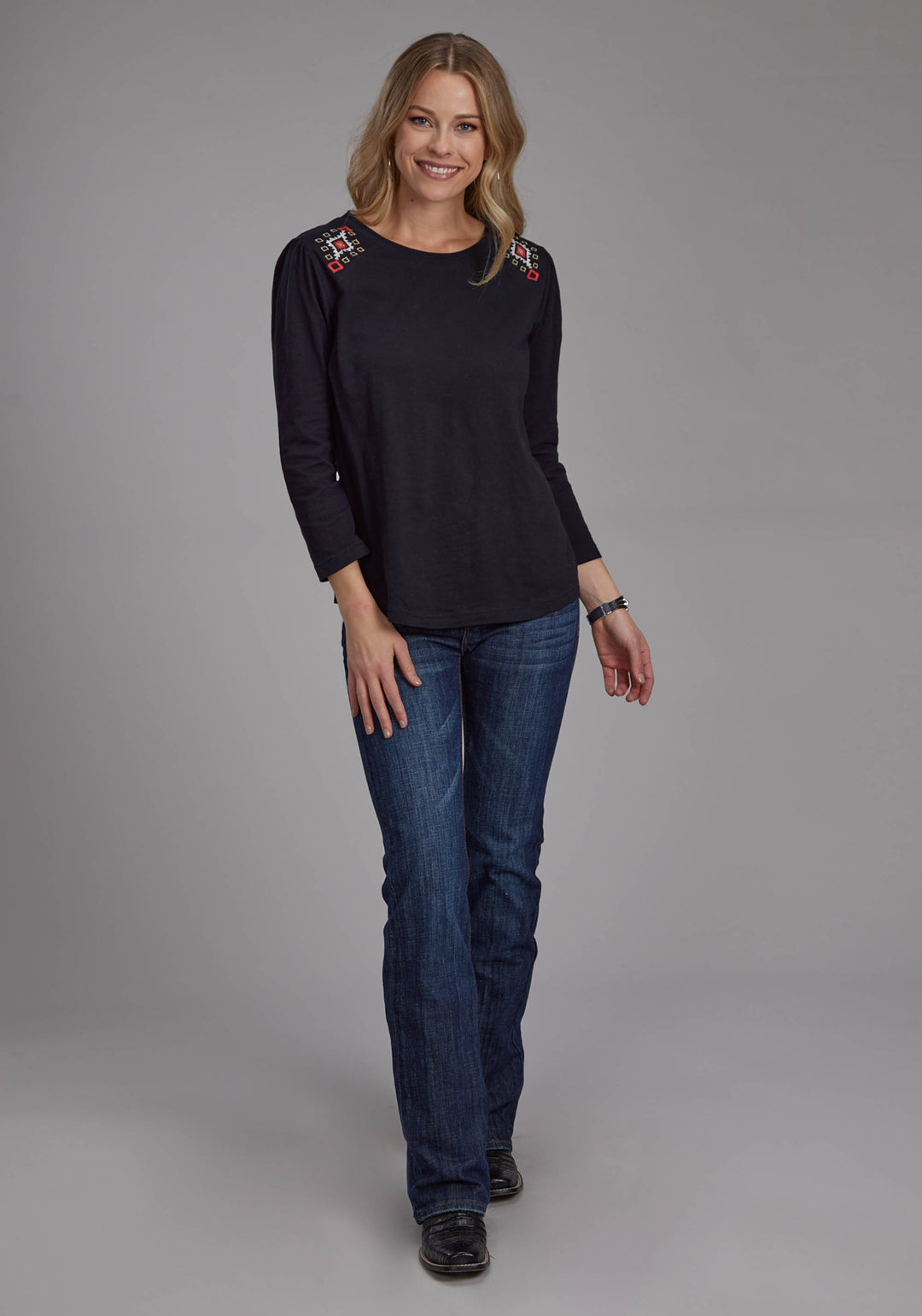 WOMENS SLUB JERSEY TOP WITH SCOOP NECK LONG SLEEVE PULLOVER WESTERN SHIRT