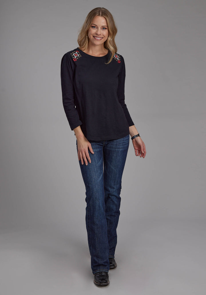 WOMENS SLUB JERSEY TOP WITH SCOOP NECK LONG SLEEVE PULLOVER WESTERN SHIRT