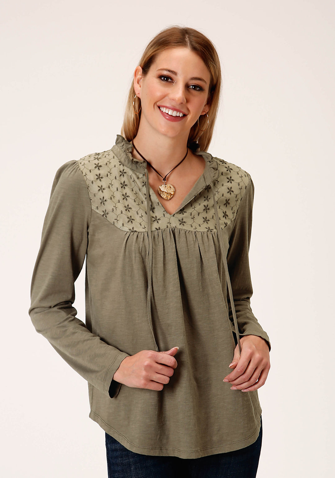 WOMENS LONG SLEEVE KNIT SLUB JERSEY PEASANT TOP