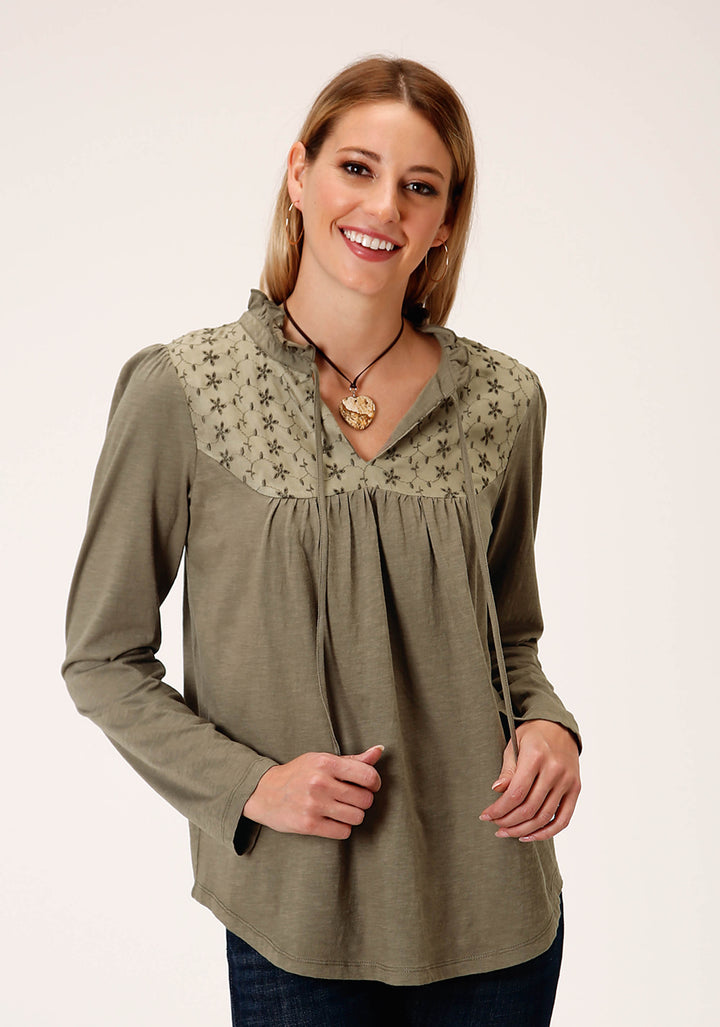 WOMENS LONG SLEEVE KNIT SLUB JERSEY PEASANT TOP