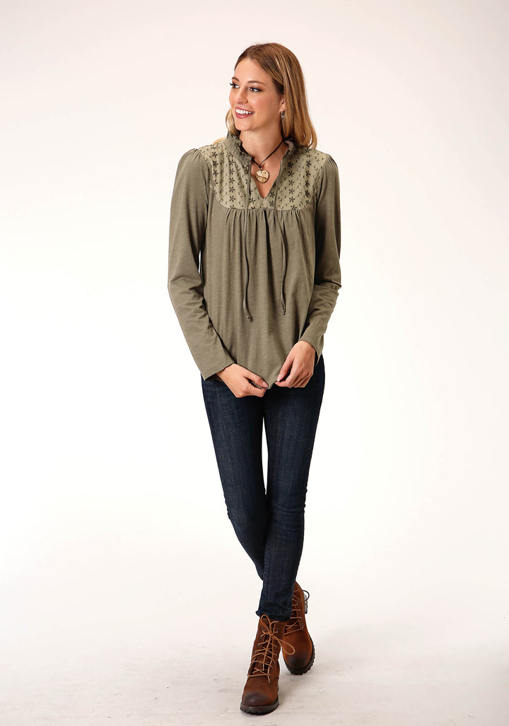 WOMENS LONG SLEEVE KNIT SLUB JERSEY PEASANT TOP