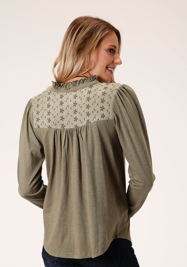 WOMENS LONG SLEEVE KNIT SLUB JERSEY PEASANT TOP