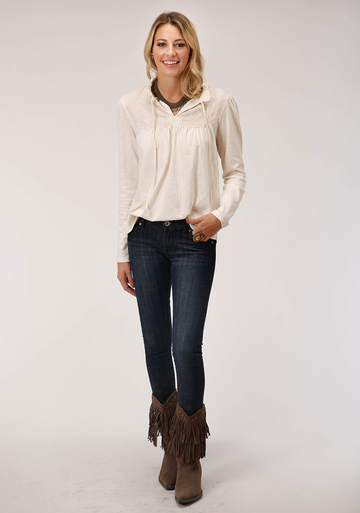 WOMENS LONG SLEEVE KNIT CREAM SLUB JERSEY PEASANT TOP
