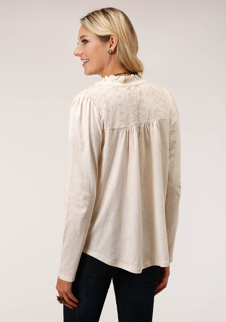 WOMENS LONG SLEEVE KNIT CREAM SLUB JERSEY PEASANT TOP