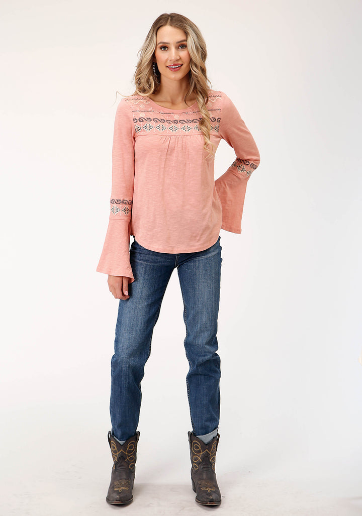 WOMENS LONG SLEEVE KNIT LIGHT PINK SLUB KNIT JERSEY TOP