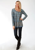 WOMENS MULTICOLORED PRINT LONG SLEEVE KNIT TOP
