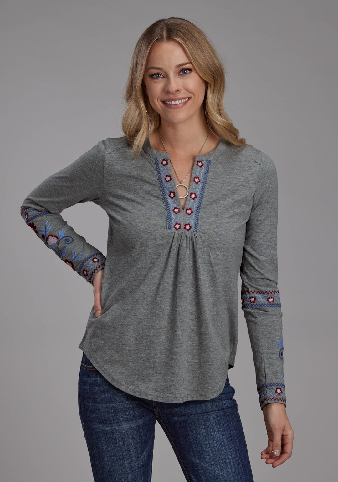 WOMENS POLY COTTON JERSEY V NECK TOP LONG SLEEVE PULLOVER WESTERN SHIRT