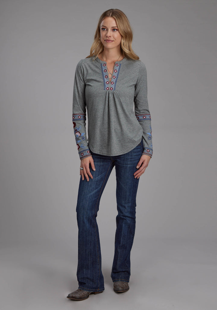 WOMENS POLY COTTON JERSEY V NECK TOP LONG SLEEVE PULLOVER WESTERN SHIRT