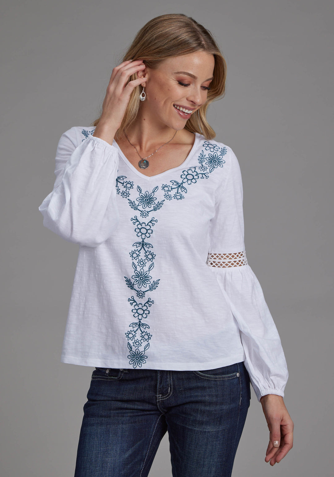 WOMENS COTTON SLUB JERSEY KNIT BLOUSE LONG SLEEVE PULLOVER WESTERN SHIRT