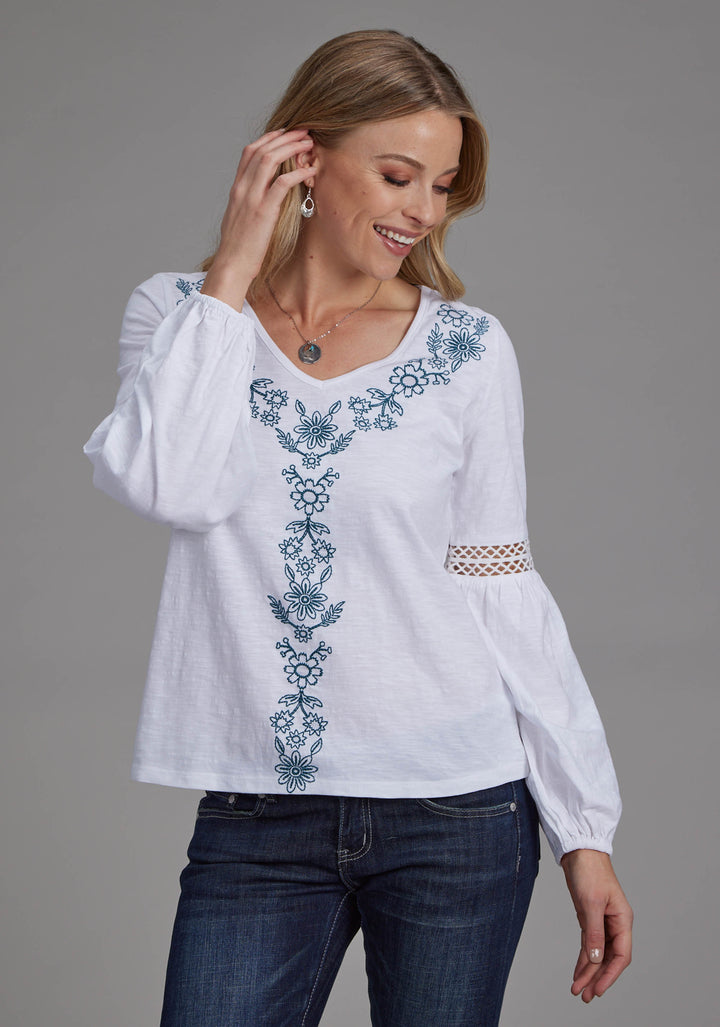 WOMENS COTTON SLUB JERSEY KNIT BLOUSE LONG SLEEVE PULLOVER WESTERN SHIRT