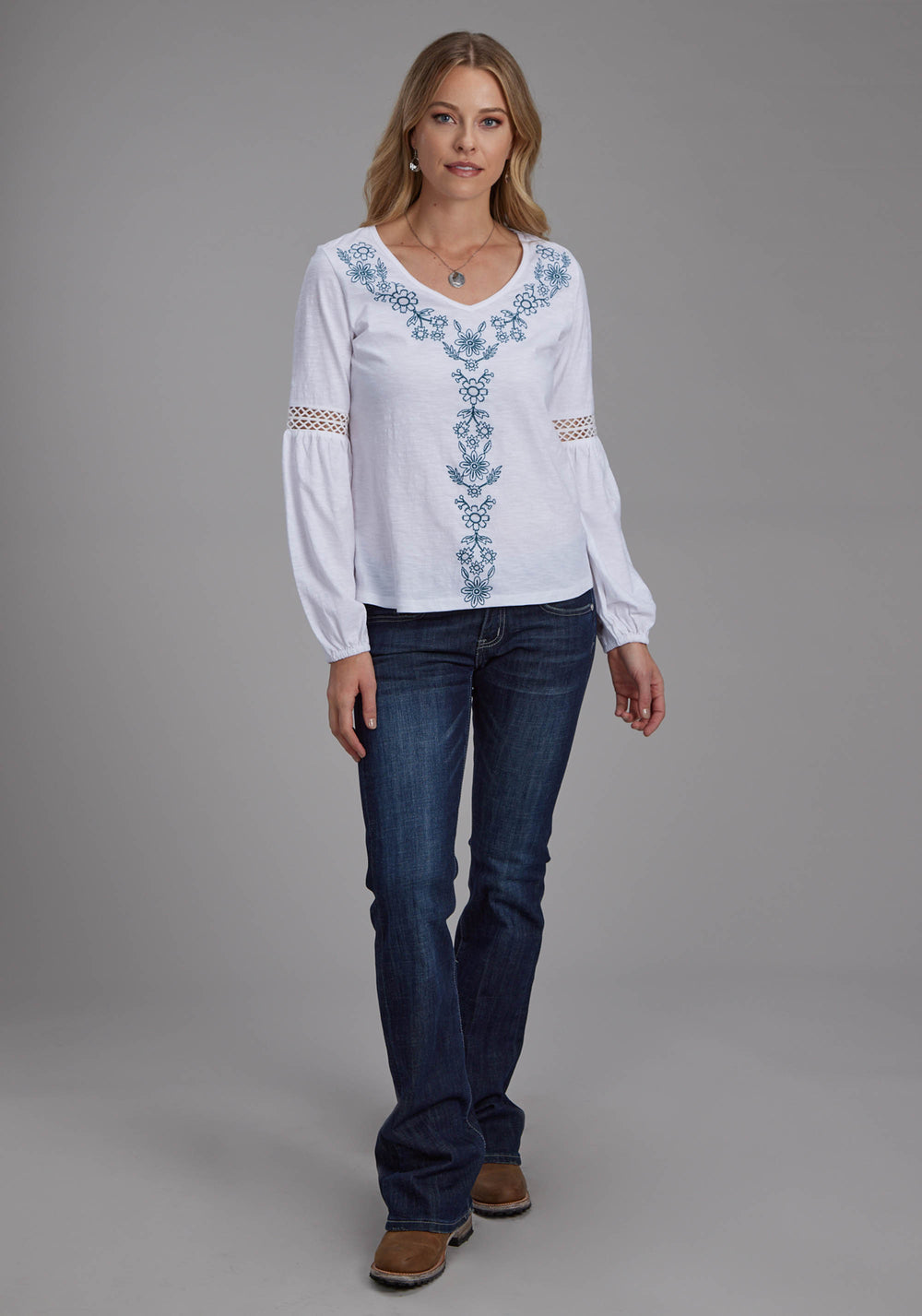 WOMENS COTTON SLUB JERSEY KNIT BLOUSE LONG SLEEVE PULLOVER WESTERN SHIRT