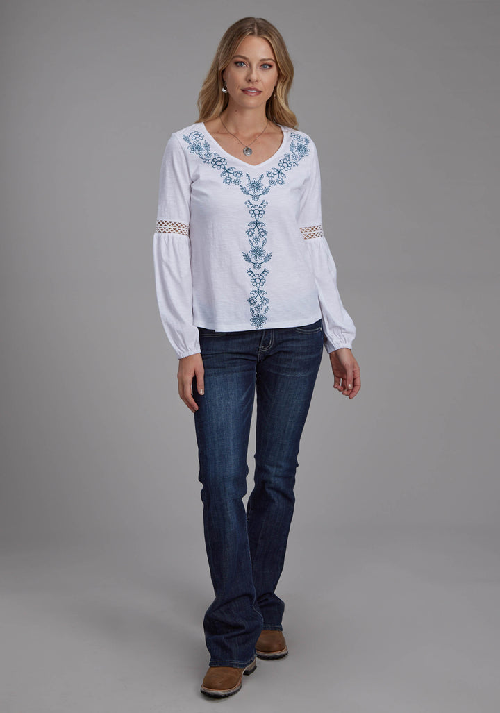 WOMENS COTTON SLUB JERSEY KNIT BLOUSE LONG SLEEVE PULLOVER WESTERN SHIRT