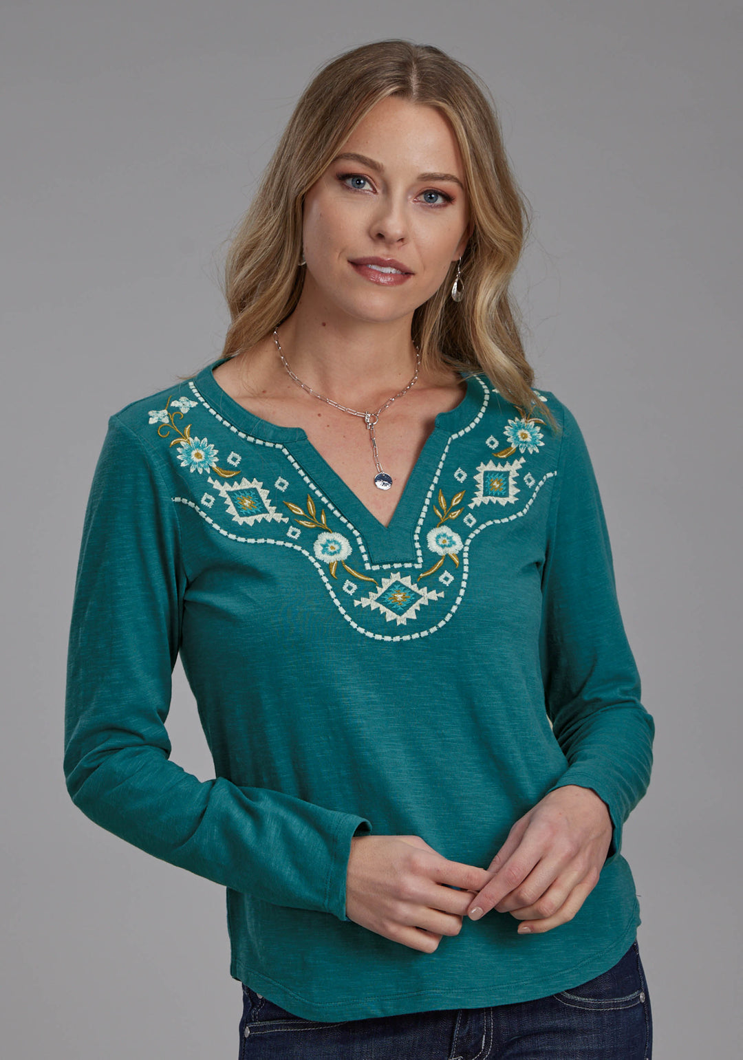 WOMENS COTTON SLUB JERSEY TEE SHIRT LONG SLEEVE PULLOVER WESTERN SHIRT