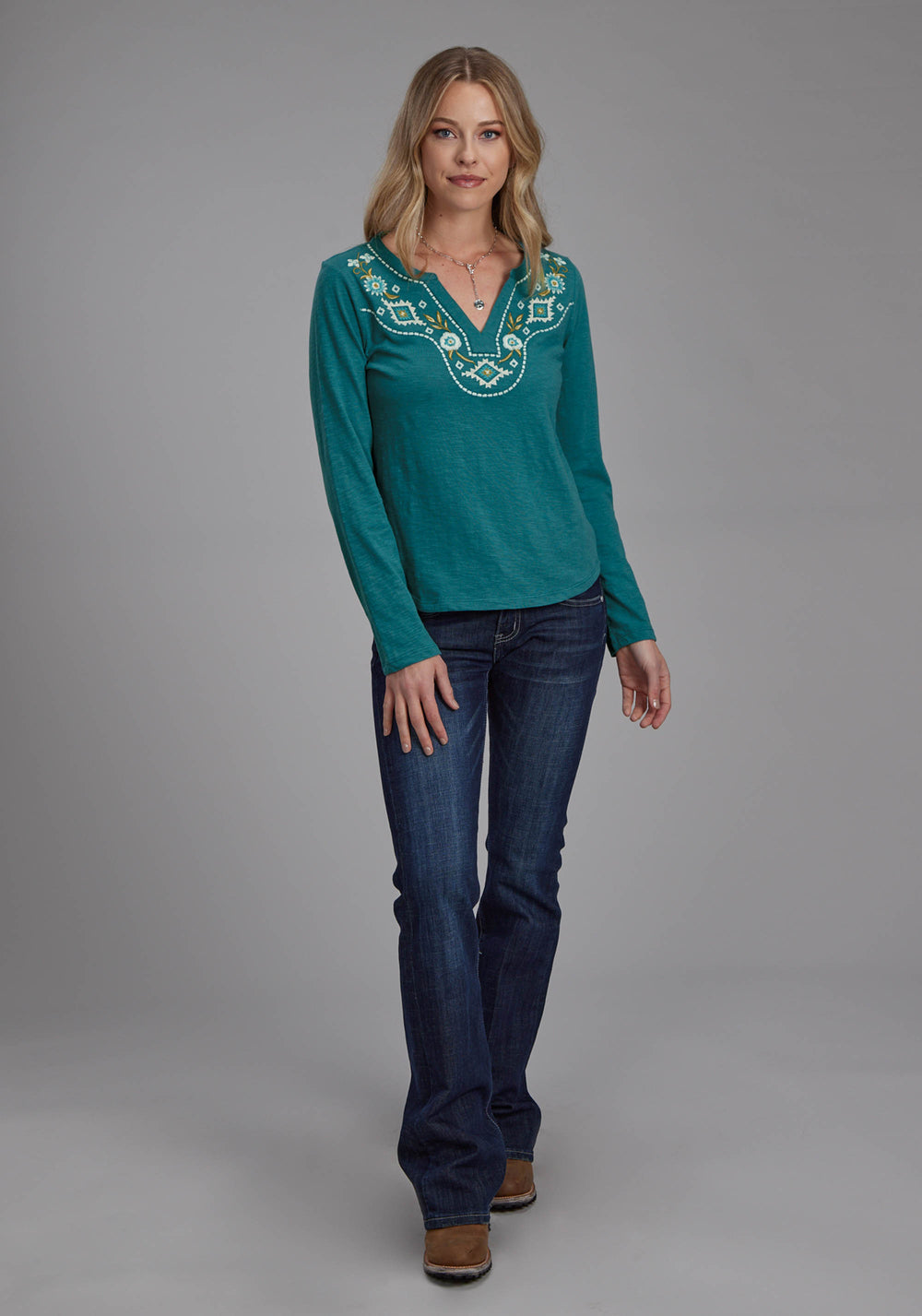 WOMENS COTTON SLUB JERSEY TEE SHIRT LONG SLEEVE PULLOVER WESTERN SHIRT