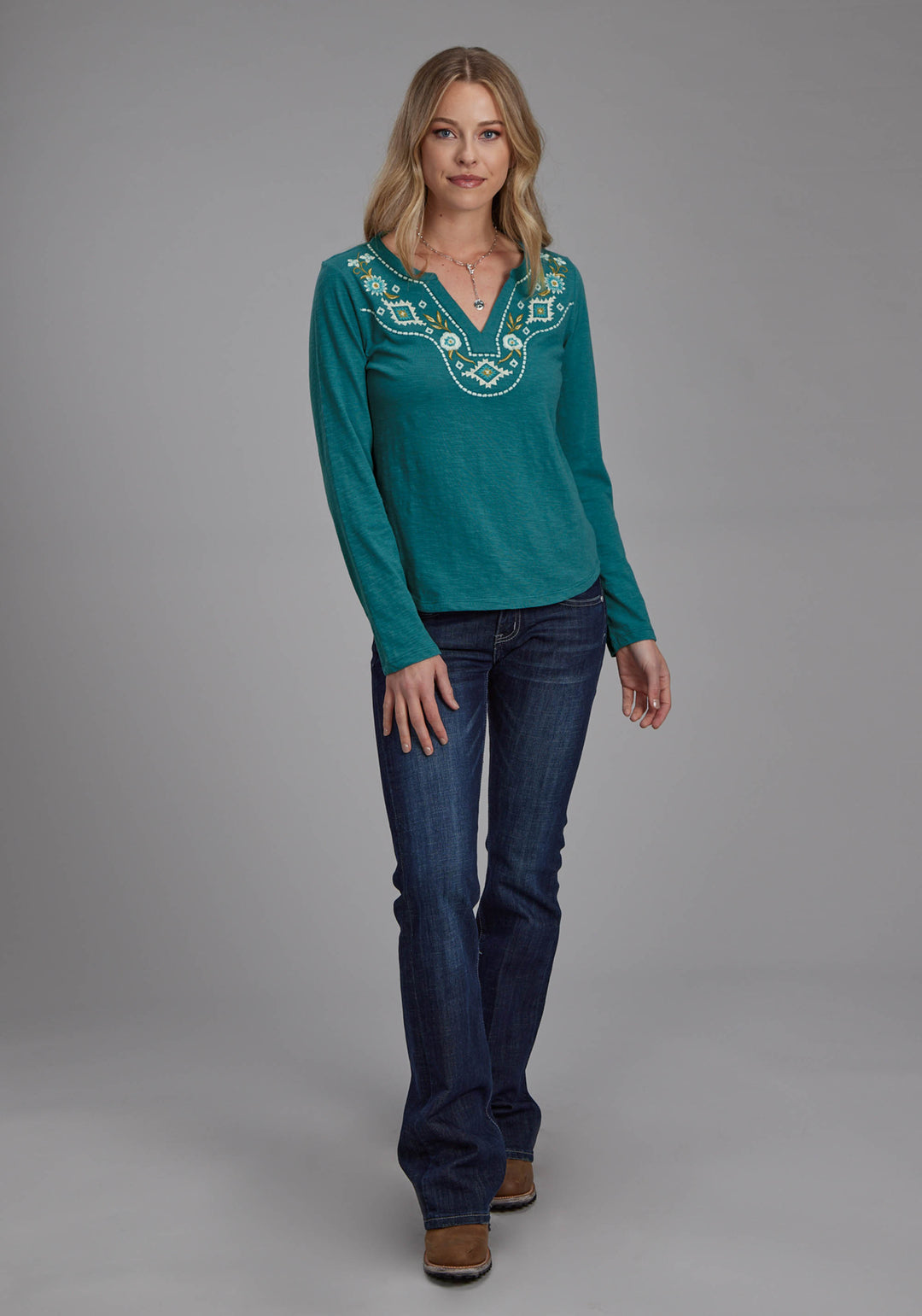 WOMENS COTTON SLUB JERSEY TEE SHIRT LONG SLEEVE PULLOVER WESTERN SHIRT